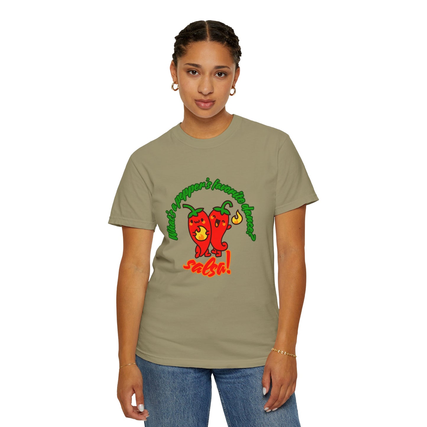 "What's a Pepper's Favorite Dance? Salsa!" Dance Pun Unisex Garment-Dyed T-Shirt – Funny Dance Joke Tee with Cute Pepper Graphic – Dance Humor Shirt for Food & Pun Lovers