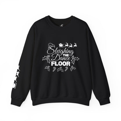 “Sleighing the Dance Floor” ADULT SWEATSHIRT Unisex Heavy Blend Crewneck – Festive Christmas Dance Sweatshirt with Santa’s Sleigh & Reindeer Arm Design, Perfect for Dancers & Studios