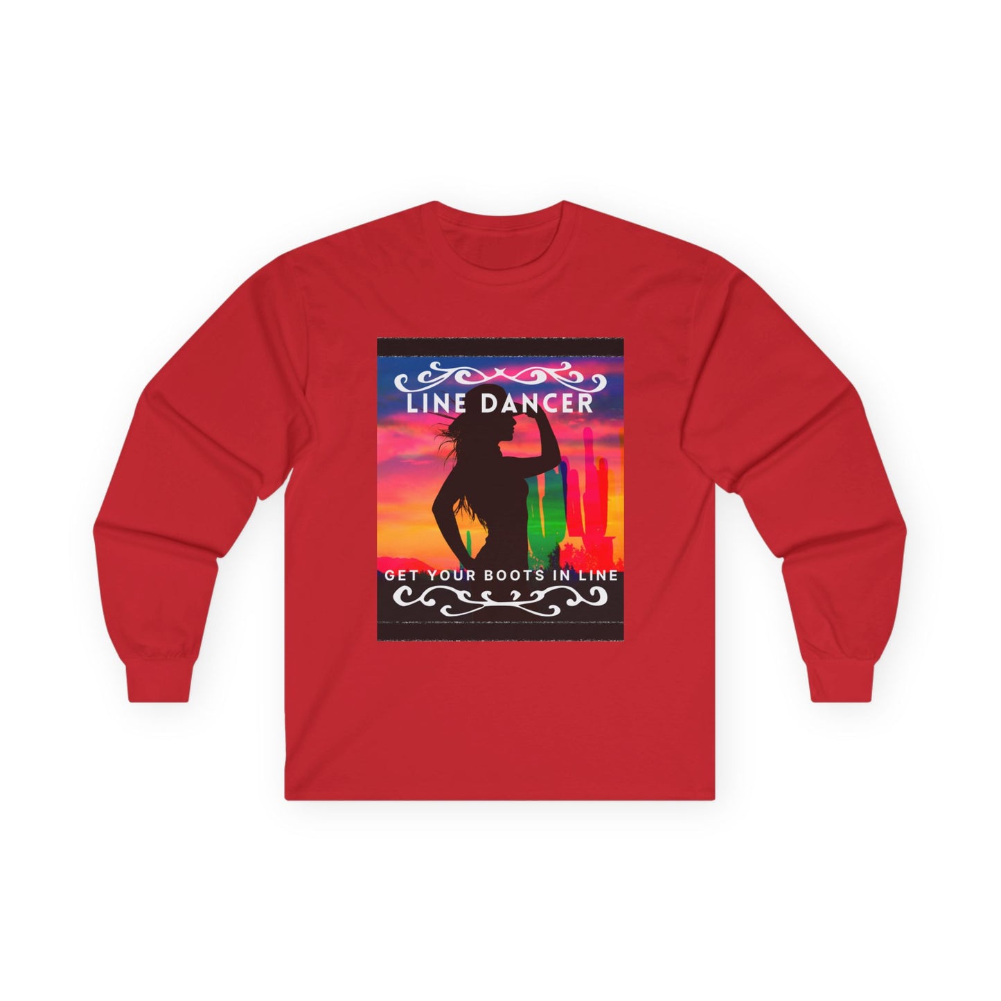 "Line Dancer, Get Your Boots in Line" Western-Inspired Graphic – Unisex Long Sleeve Dance Tee