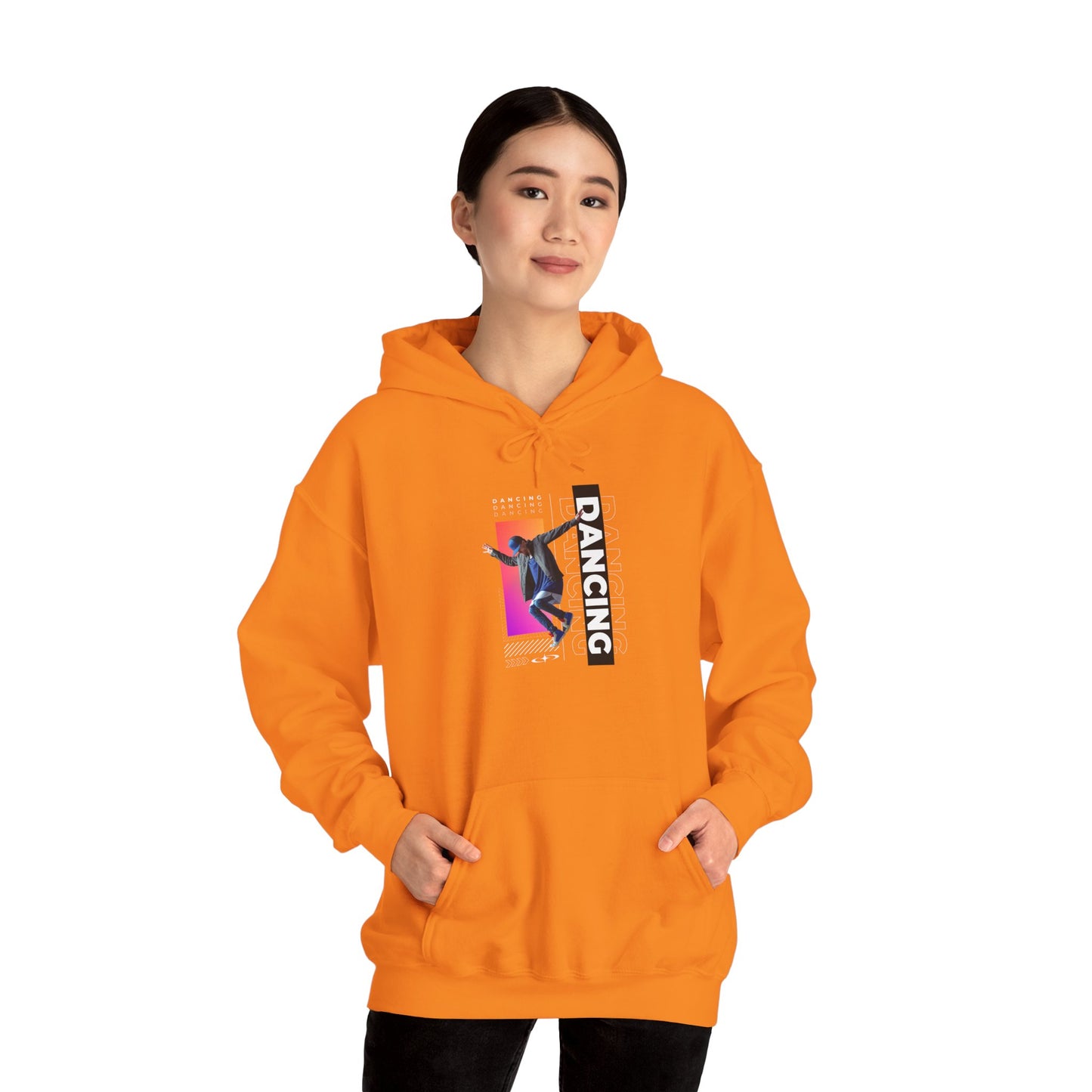 “Dancing” Text with Streetwear-Style Male Dancer Graphic – Unisex Heavy Blend™ Hooded Sweatshirt – Cozy Dance Hoodie for Performers & Dance Enthusiasts