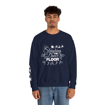 “Sleighing the Dance Floor” ADULT SWEATSHIRT Unisex Heavy Blend Crewneck – Festive Christmas Dance Sweatshirt with Santa’s Sleigh & Reindeer Arm Design, Perfect for Dancers & Studios