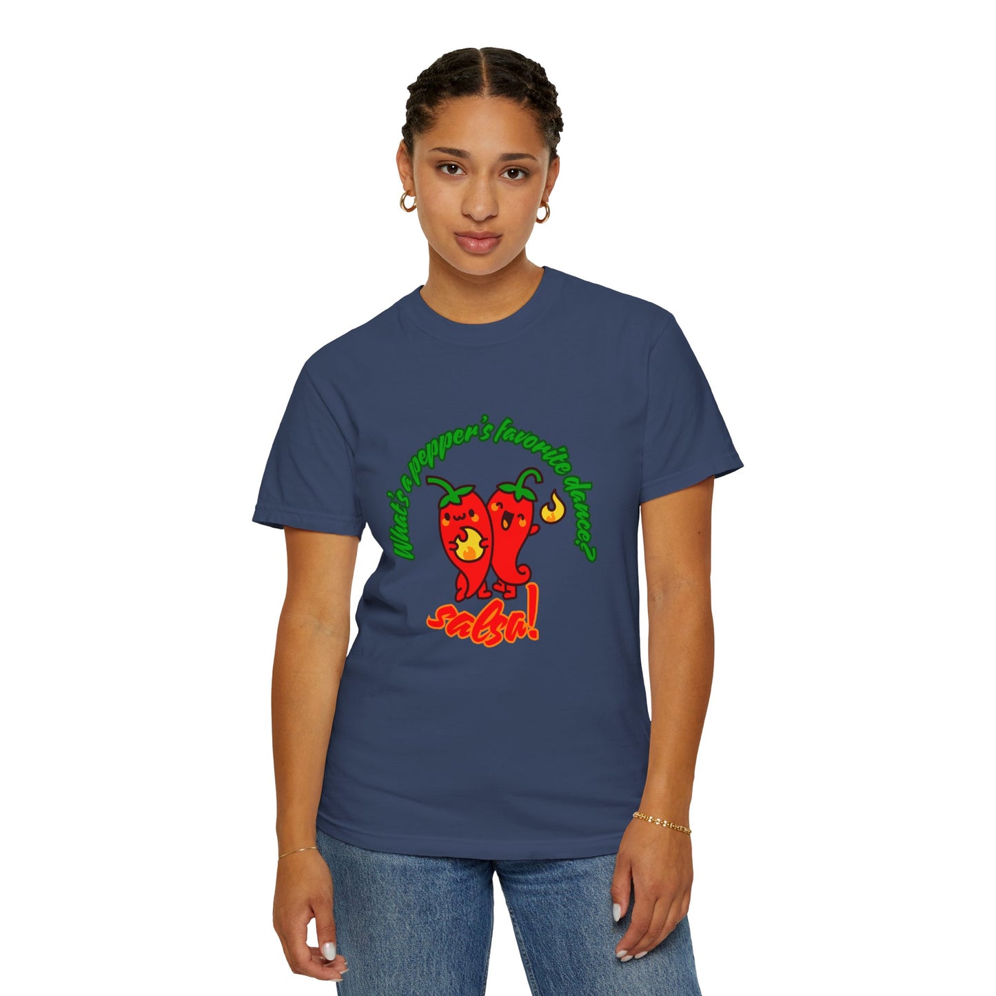 "What's a Pepper's Favorite Dance? Salsa!" Dance Pun Unisex Garment-Dyed T-Shirt – Funny Dance Joke Tee with Cute Pepper Graphic – Dance Humor Shirt for Food & Pun Lovers