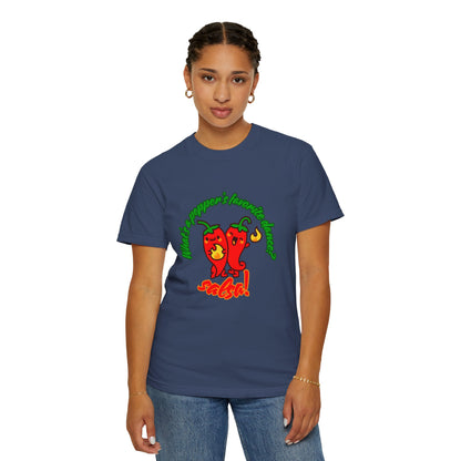 "What's a Pepper's Favorite Dance? Salsa!" Dance Pun Unisex Garment-Dyed T-Shirt – Funny Dance Joke Tee with Cute Pepper Graphic – Dance Humor Shirt for Food & Pun Lovers
