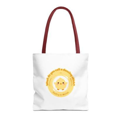 "What do you call a dancing chick? Poultry in Motion" Funny Dance Tote Bag – Kawaii Chicken Canvas Tote for Dancers & Dance Lovers