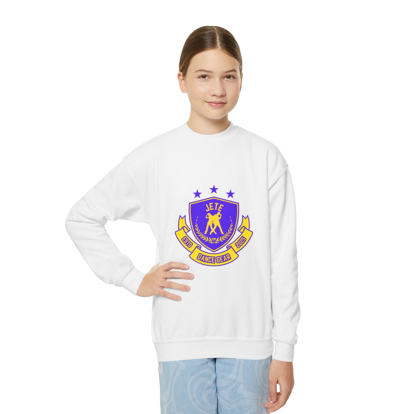 "Jeté Dance Gear" – Collegiate Style Youth Crewneck Sweatshirt | Bold Kids Dance Team Pullover