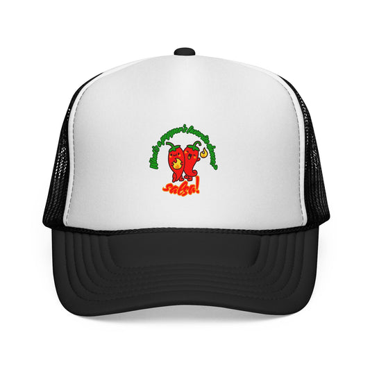 “What’s a Pepper’s Favorite Dance? Salsa!” Funny Unisex Cap with Cute Chili Pepper Graphic, Salsa Dance Trucker Hat – Dance-Themed Hat for Dancers & Foodies