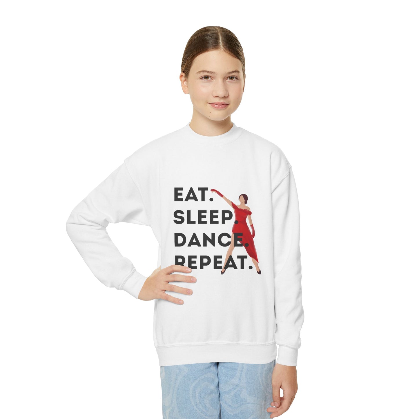 "Eat Sleep Dance Repeat" – Bold Dancer Graphic Youth Crewneck Sweatshirt | Kids Dance Life Pullover