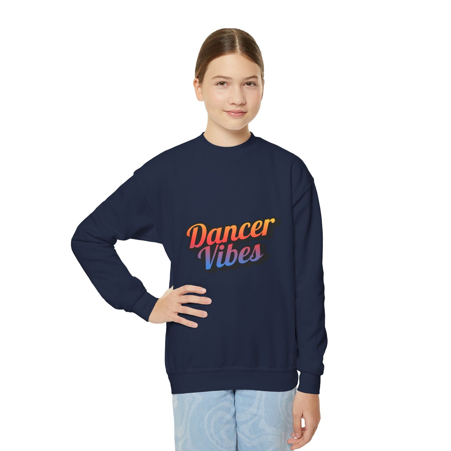"Dancer Vibes" Youth Crewneck Sweatshirt – Colorful Text-Based Dance Graphic Pullover for Kids and Teens