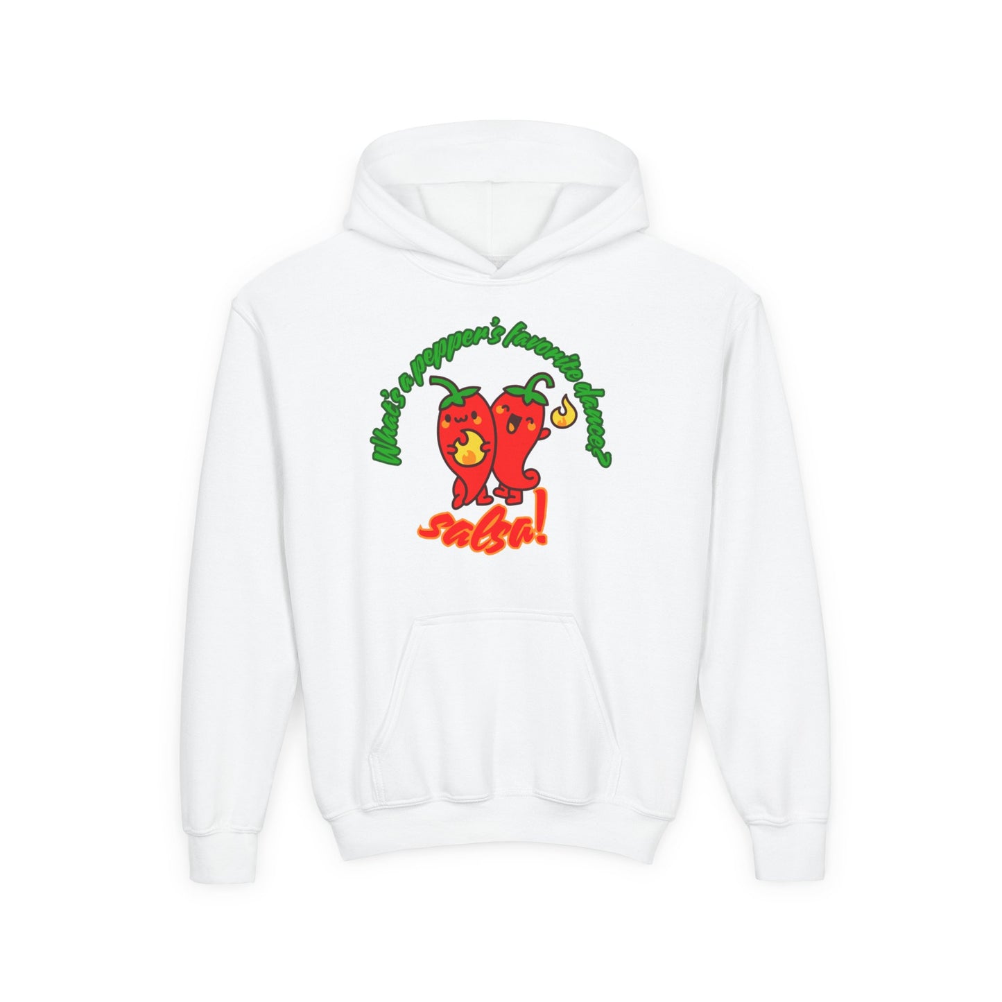 "What’s a Pepper’s Favorite Dance? Salsa!" Youth Hooded Sweatshirt – Funny Dance Pun Pepper Graphic Hoodie for Kids and Teens