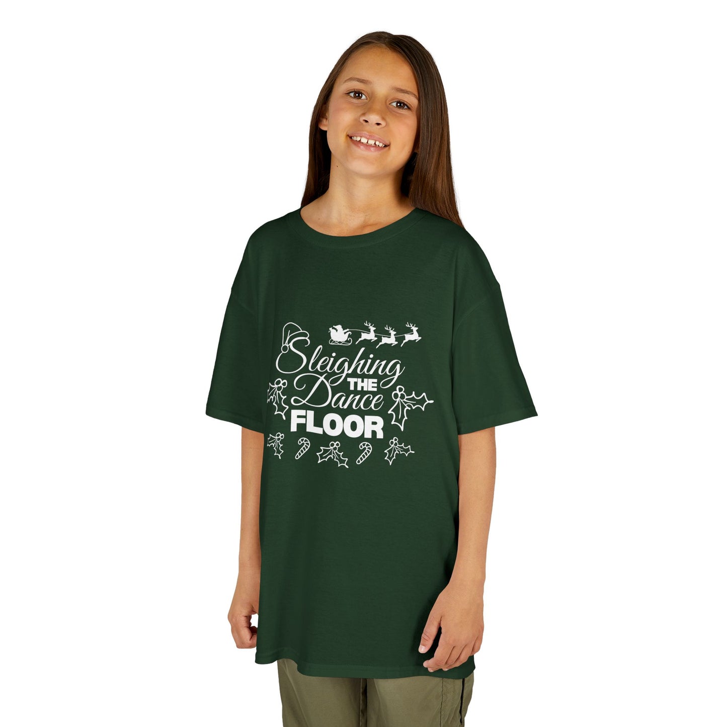 “Sleighing the Dance Floor” YOUTH TEE Short Sleeve with Santa’s Sleigh and Reindeer – Festive Christmas Dance Shirt for Kids and Young Dancers