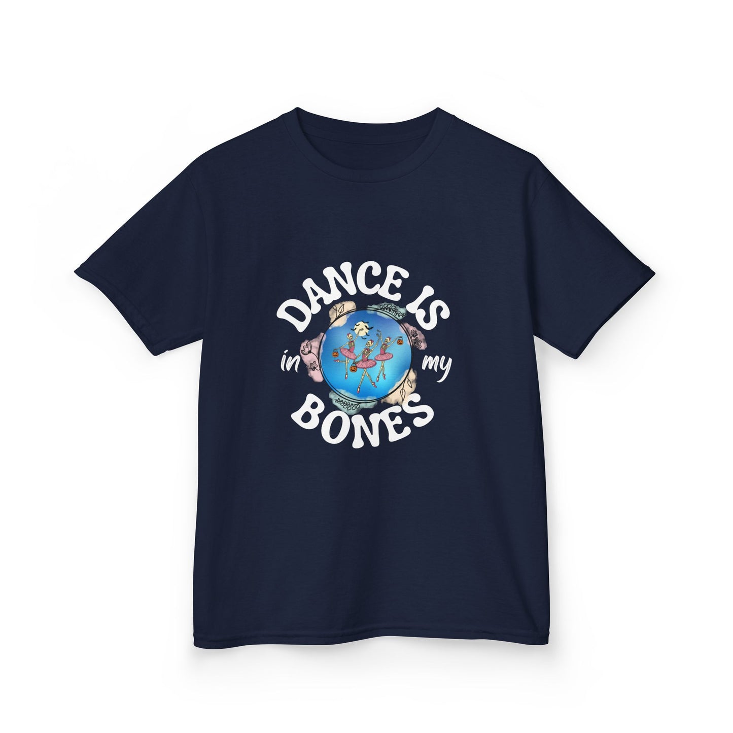 "Dance Is in My Bones” Halloween Dance T-Shirt with Dancing Skeletons Graphic - Kids Heavy Cotton™ Tee