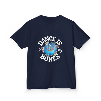 "Dance Is in My Bones” Halloween Dance T-Shirt with Dancing Skeletons Graphic - Kids Heavy Cotton™ Tee