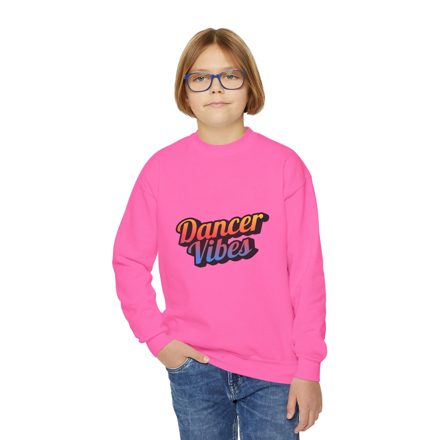 "Dancer Vibes" Youth Crewneck Sweatshirt – Colorful Text-Based Dance Graphic Pullover for Kids and Teens