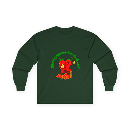 "What’s a Pepper’s Favorite Dance? Salsa!" Unisex Long Sleeve Tee – Funny Dance Pun Shirt with Cute Pepper Graphic for Dancers & Food Lovers