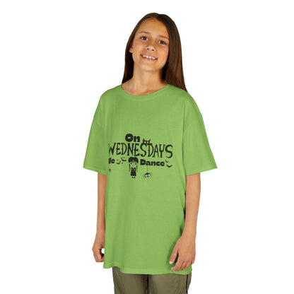 “On Wednesdays We Dance” Gothic Halloween T-Shirt with Cute Girl, Black Cat, Spiders & Bats - Kids Heavy Cotton™ Tee