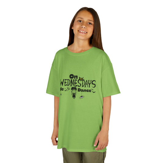 “On Wednesdays We Dance” Gothic Halloween T-Shirt with Cute Girl, Black Cat, Spiders & Bats - Kids Heavy Cotton™ Tee