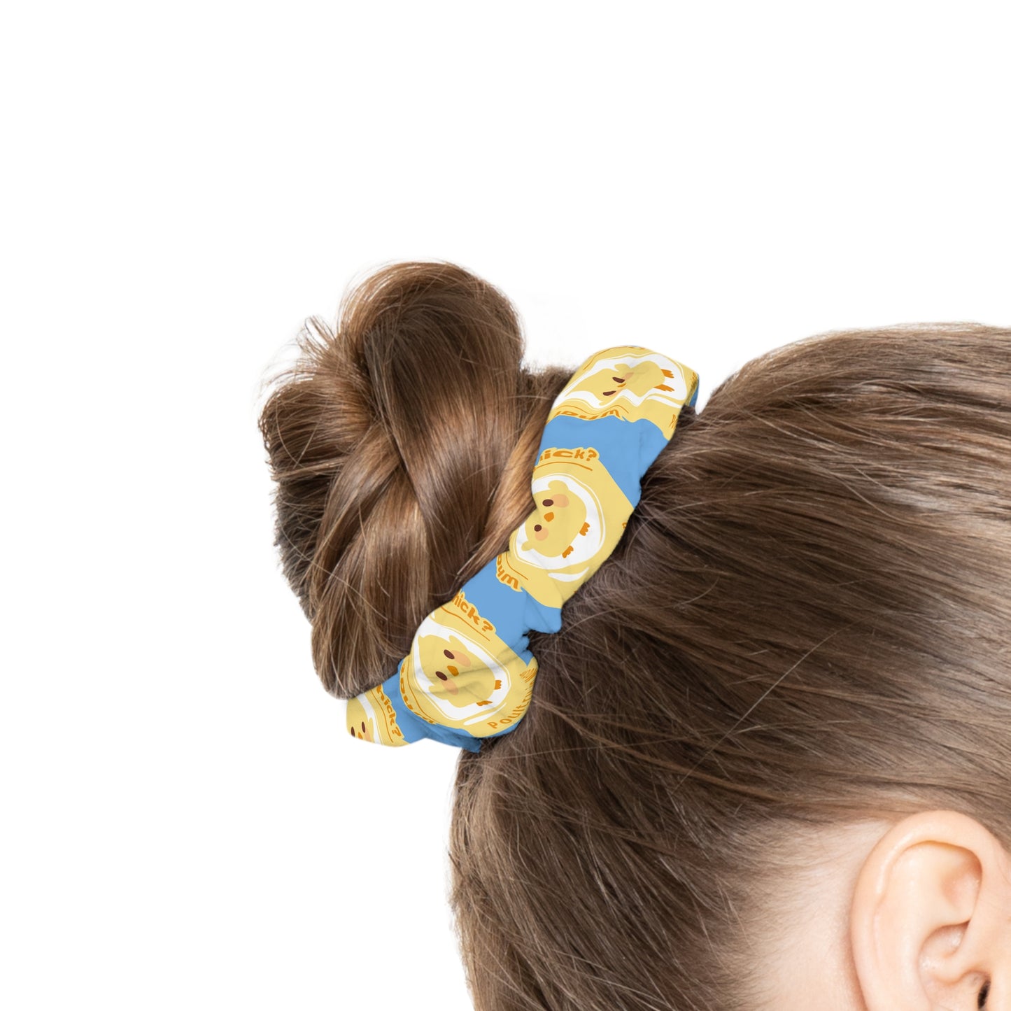 “What do you call a dancing chick? Poultry in Motion” Scrunchie – Funny Dance Pun Hair Accessory with Cute Dancing Chicken Graphic
