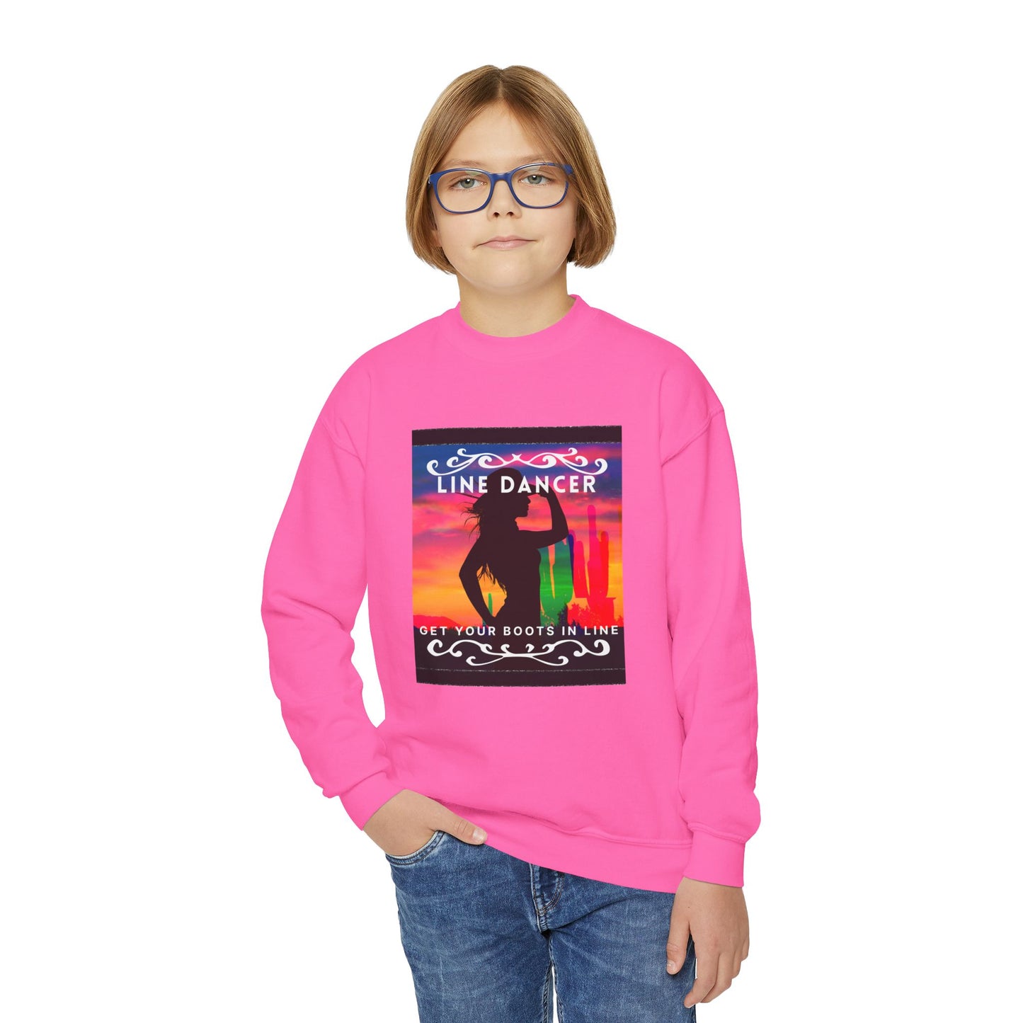 "Line Dancer, Get Your Boots in Line!" Youth Crewneck Sweatshirt – Western-Inspired Dance Graphic – Country Dance Pullover for Kids