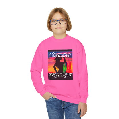 "Line Dancer, Get Your Boots in Line!" Youth Crewneck Sweatshirt – Western-Inspired Dance Graphic – Country Dance Pullover for Kids