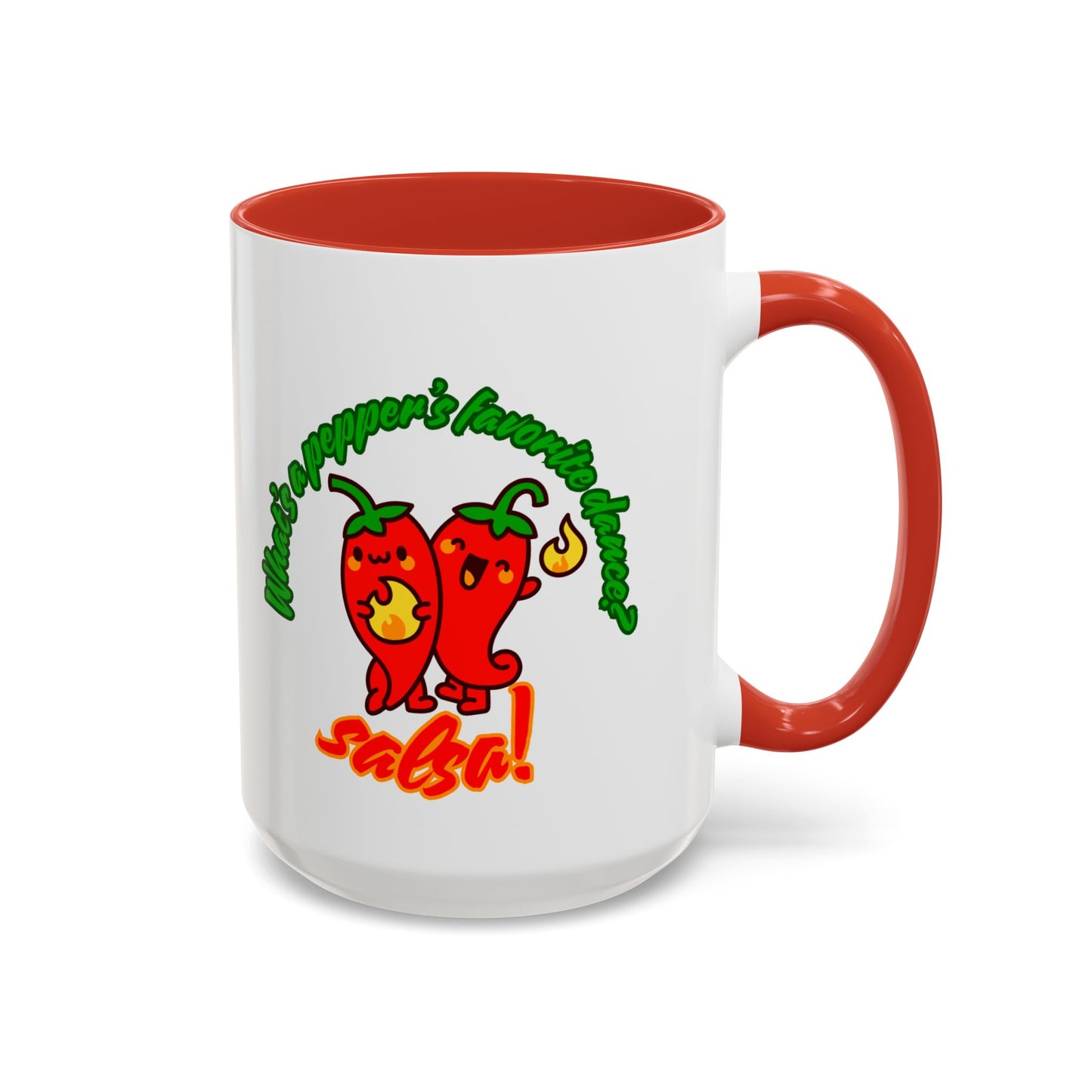 "What's a Pepper's Favorite Dance? Salsa." Accent Coffee Mug – Funny Dance Pun Ceramic Mug for Dancers and Food Lovers