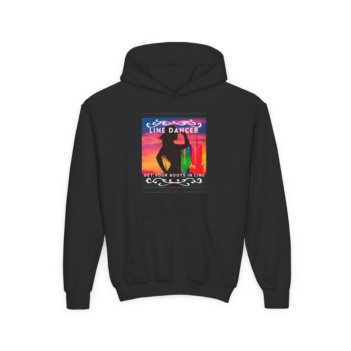 "Line Dancer" Youth Hoodie – Western Country Dance Graphic – 'Get Your Boots in Line' Unisex Pullover for Kids