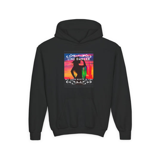 "Line Dancer" Youth Hoodie – Western Country Dance Graphic – 'Get Your Boots in Line' Unisex Pullover for Kids