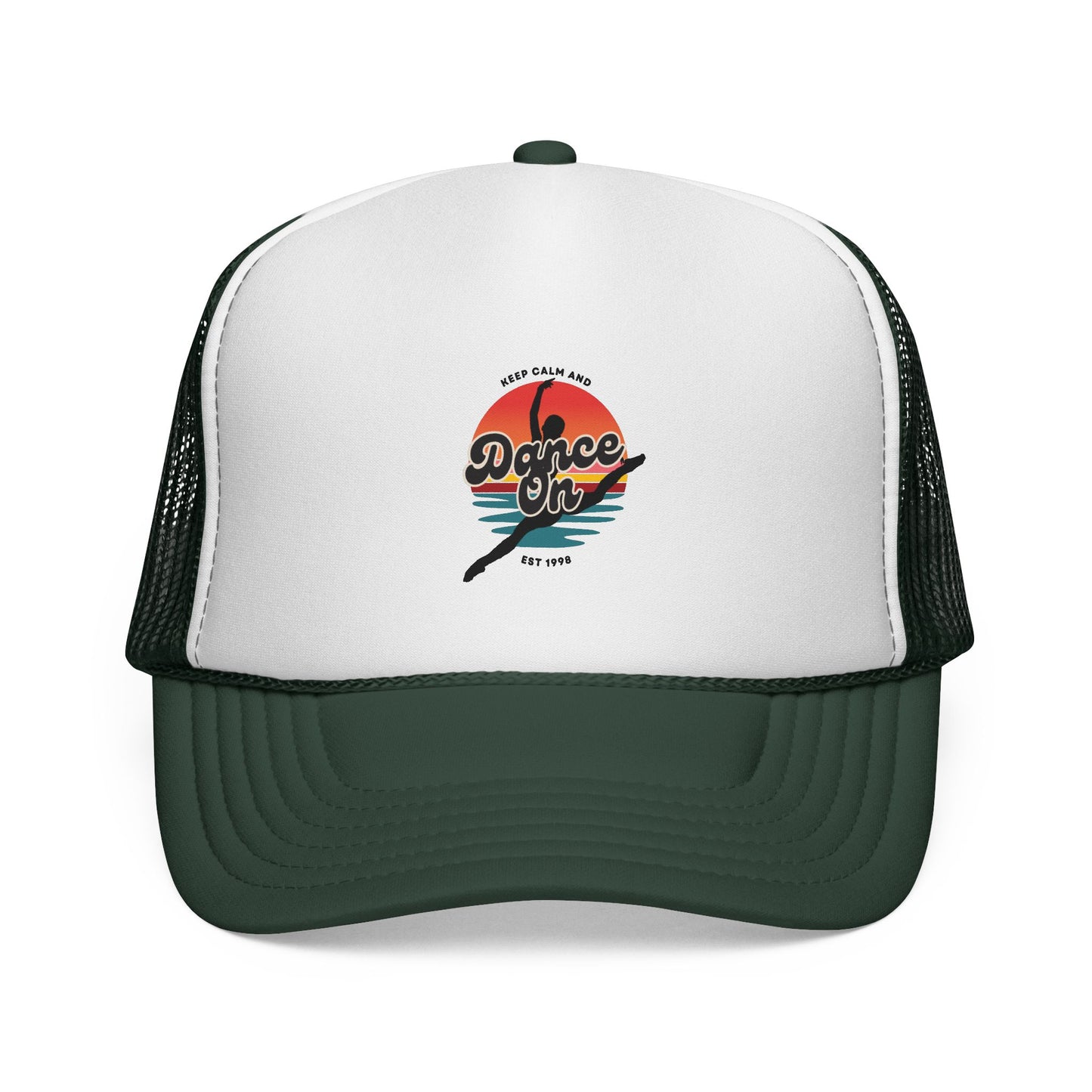 "Keep Calm and Dance On" Trucker Hat – Retro Dancer Graphic Unisex Cap for Dance Lovers | Fun Dance-Themed Hat for Everyday Style & Gifts
