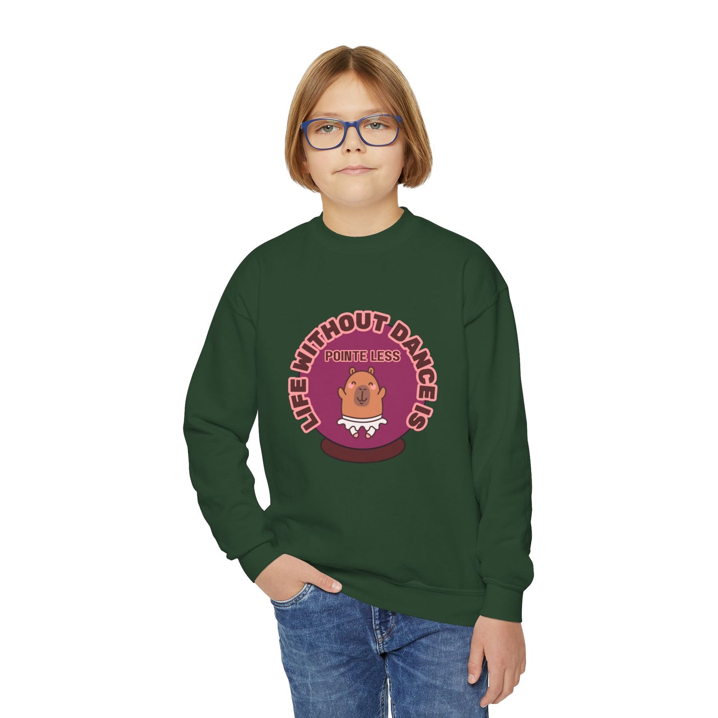 "Life Without Dance Is Pointeless" – Cute Dancing Capybara Youth Crewneck Sweatshirt | Funny Animal Dance Kids Pullover