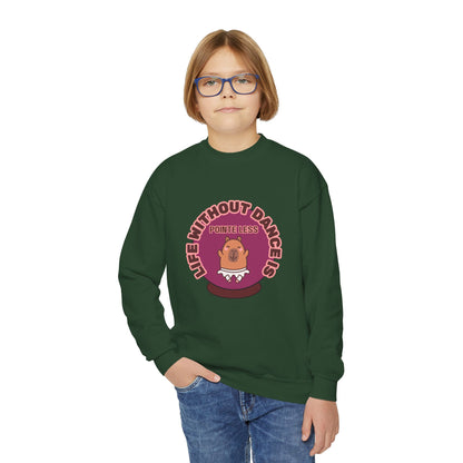 "Life Without Dance Is Pointeless" – Cute Dancing Capybara Youth Crewneck Sweatshirt | Funny Animal Dance Kids Pullover