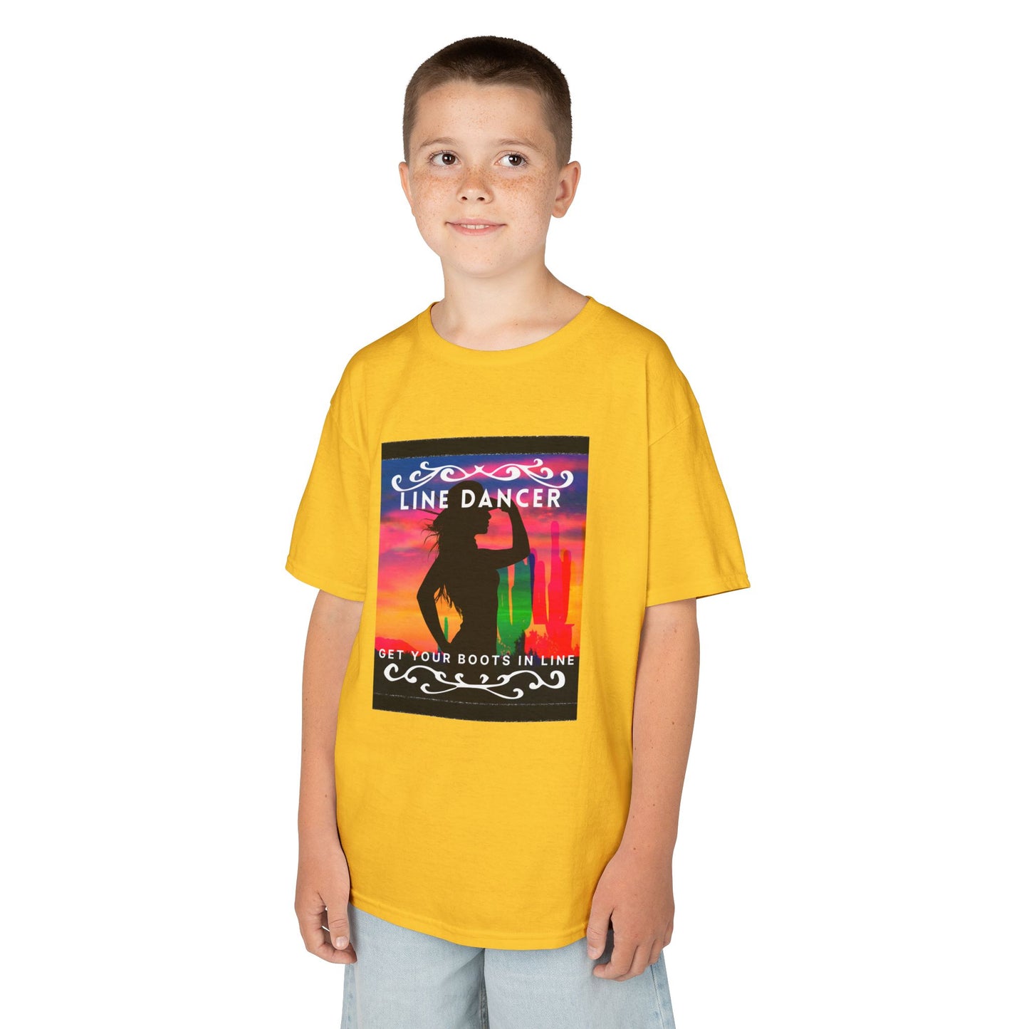 "Line Dancer – Get Your Boots in Line" Youth Short Sleeve Tee – Western-Inspired Country Dance Shirt for Kids