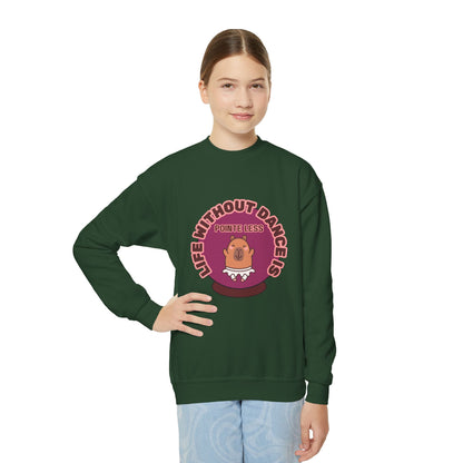 "Life Without Dance Is Pointeless" – Cute Dancing Capybara Youth Crewneck Sweatshirt | Funny Animal Dance Kids Pullover