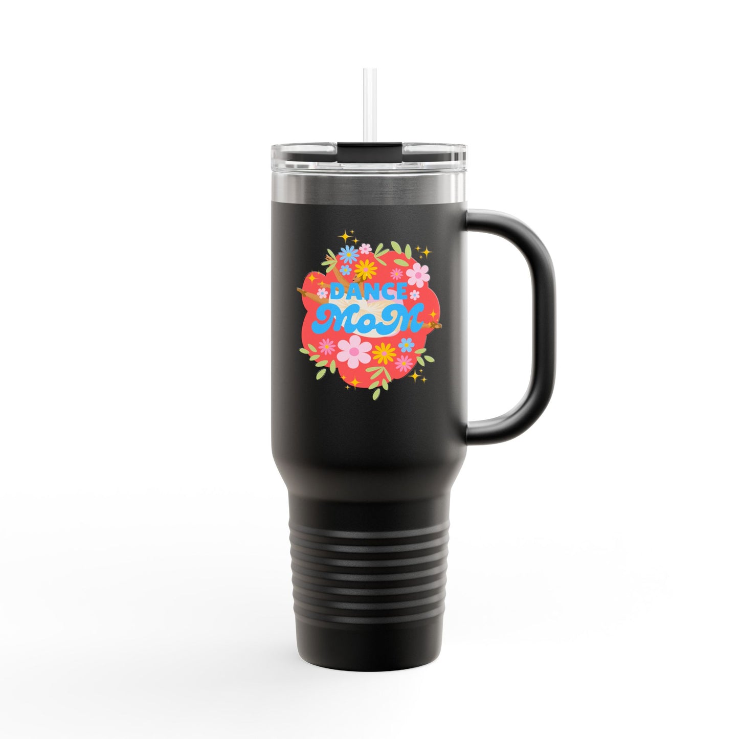 "Dance Mom" 40oz Insulated Travel Mug – Floral Graphic with Costume Designer, Makeup Artist, Chauffeur Text – Funny Dance Mom Gift Tumbler