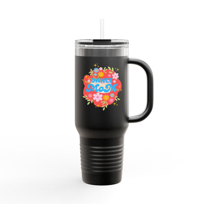 "Dance Mom" 40oz Insulated Travel Mug – Floral Graphic with Costume Designer, Makeup Artist, Chauffeur Text – Funny Dance Mom Gift Tumbler