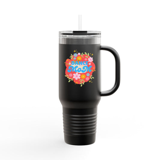 "Dance Mom" 40oz Insulated Travel Mug – Floral Graphic with Costume Designer, Makeup Artist, Chauffeur Text – Funny Dance Mom Gift Tumbler