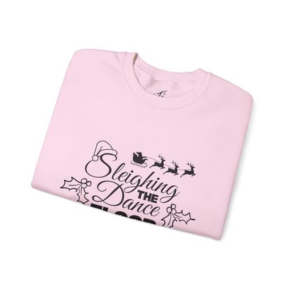 “Sleighing the Dance Floor” ADULT SWEATSHIRT Unisex Heavy Blend Crewneck – Festive Christmas Dance Sweatshirt with Santa’s Sleigh & Reindeer Arm Design, Perfect for Dancers & Studios