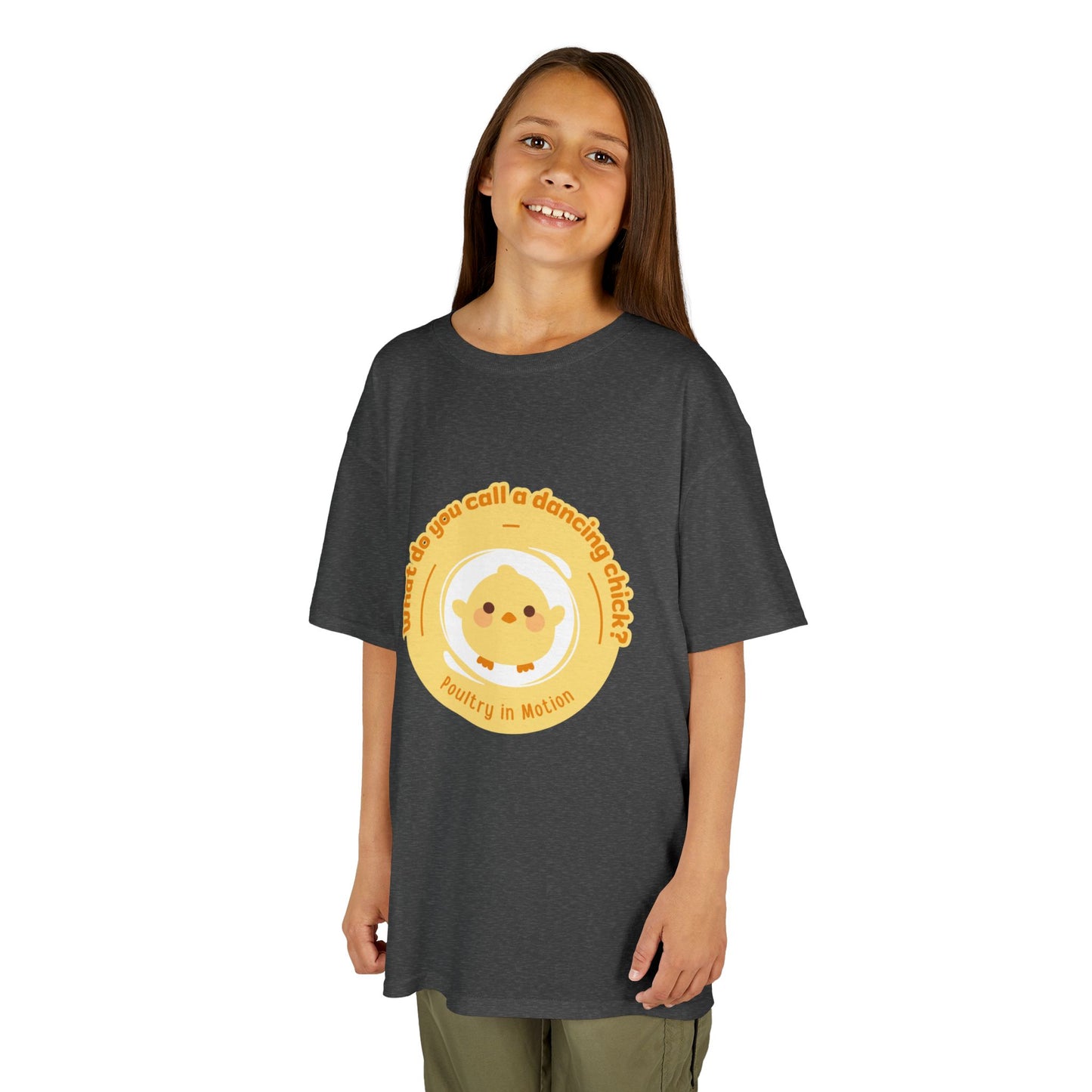 “What do you call a dancing chick? Poultry in Motion” Funny Chick Dance Tee for Kids – Cute Chicken Graphic - Youth Dance Pun T-Shirt