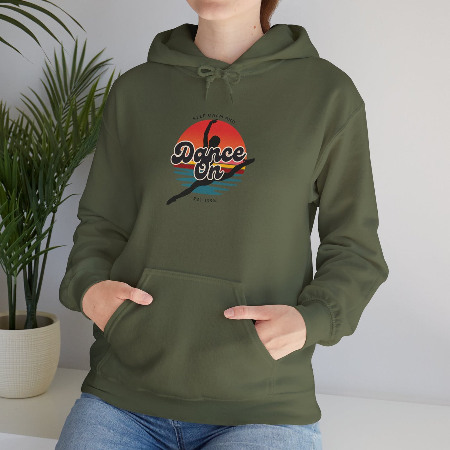 “Keep Calm and Dance On” Retro Hoodie – Unisex Dance-Inspired Hooded Sweatshirt for Dancers & Movement Lovers