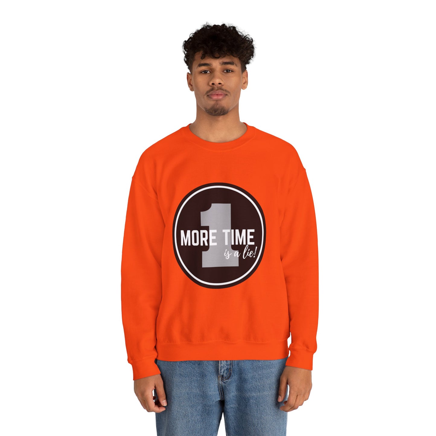 "One More Time Is a Lie." Unisex Heavy Blend Crewneck Sweatshirt – Bold Emblem Graphic Dance Teacher Quote Pullover for Dancers & Studio Life