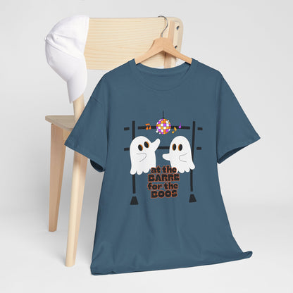 “At the Barre for the Boos” Dance Halloween T-Shirt with Cute Ghost Ballet Graphics - Unisex Heavy Cotton Tee