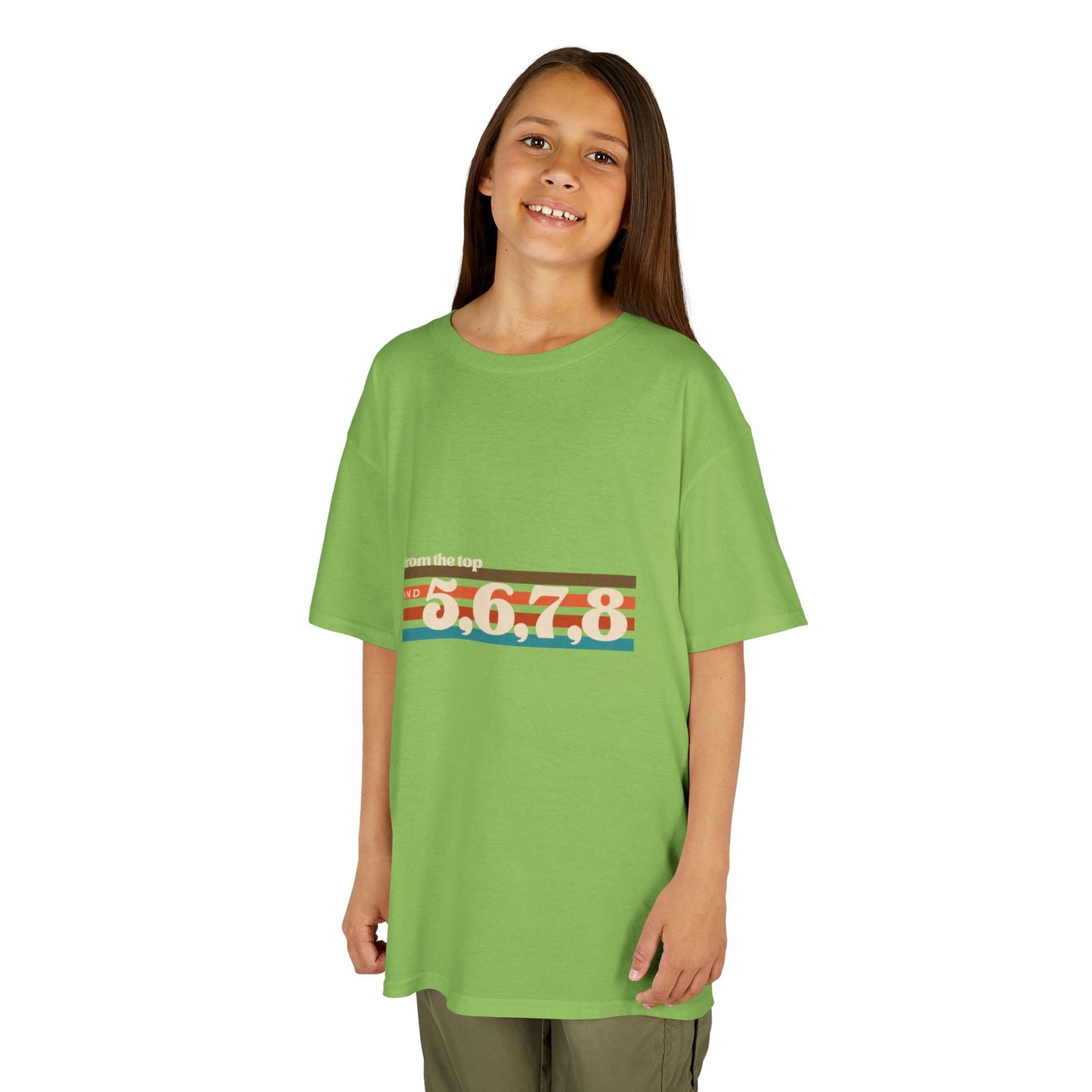 “From the Top and 5, 6, 7, 8” Youth Short Sleeve Tee – Retro Graphic Dance Shirt for Kids and Young Performers