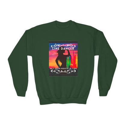 "Line Dancer, Get Your Boots in Line!" Youth Crewneck Sweatshirt – Western-Inspired Dance Graphic – Country Dance Pullover for Kids