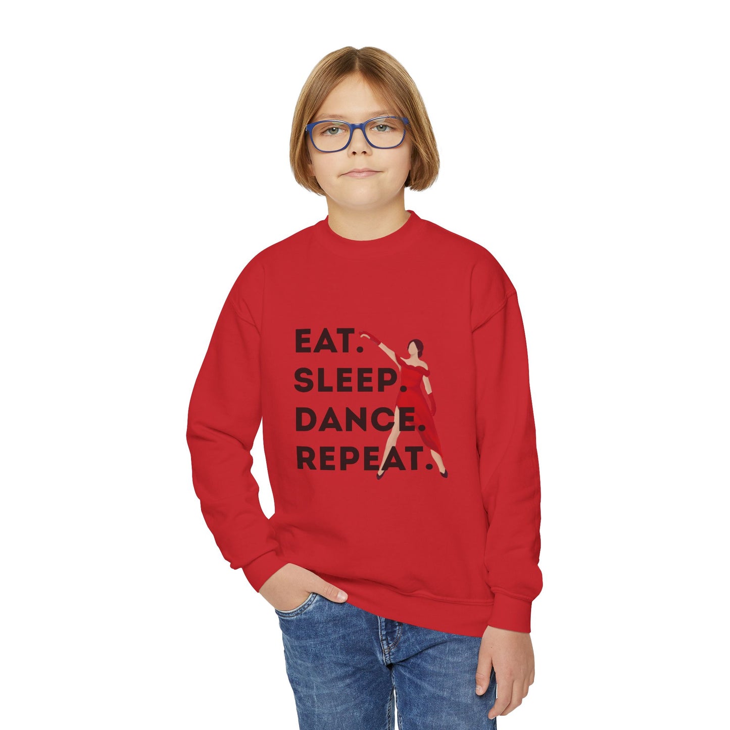 "Eat Sleep Dance Repeat" – Bold Dancer Graphic Youth Crewneck Sweatshirt | Kids Dance Life Pullover