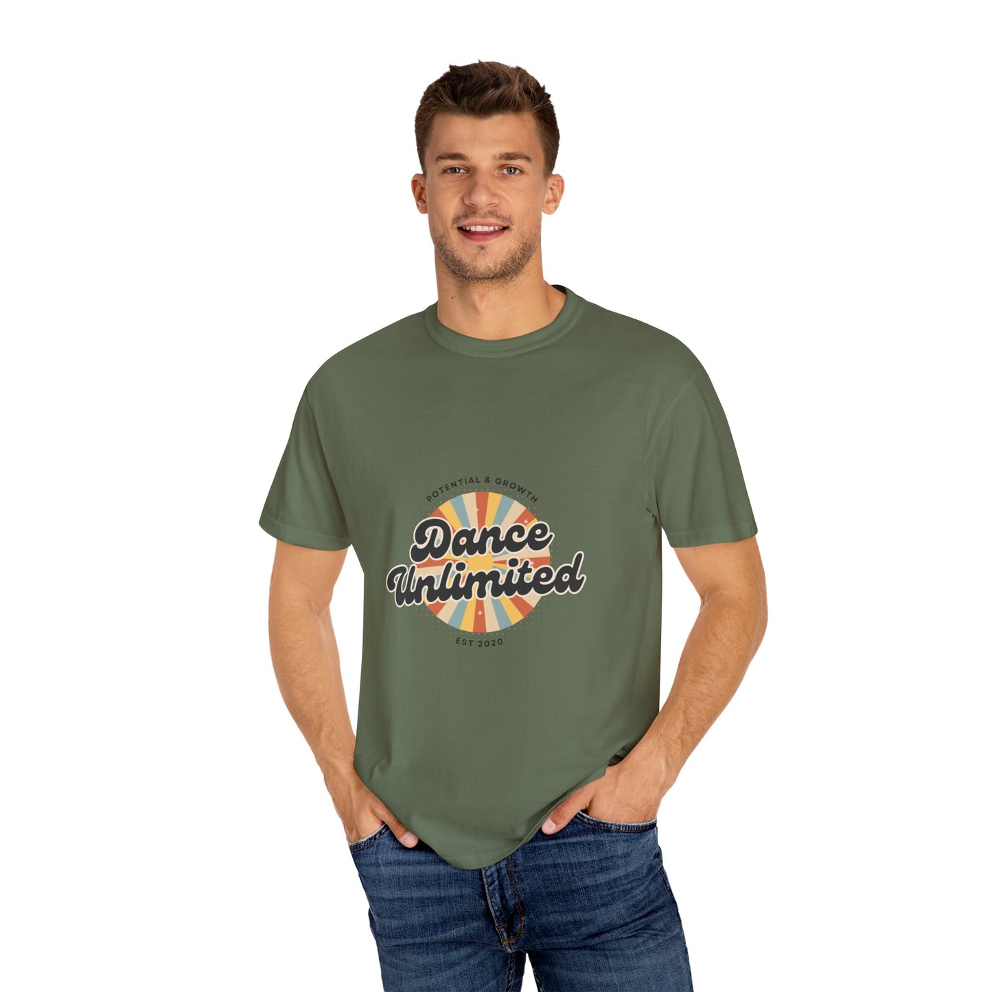 "Dance Unlimited, Potential & Growth" Unisex Garment-Dyed T-Shirt – Retro-Inspired Dance Motivation Graphic Tee – Inspirational Shirt for Dancers"