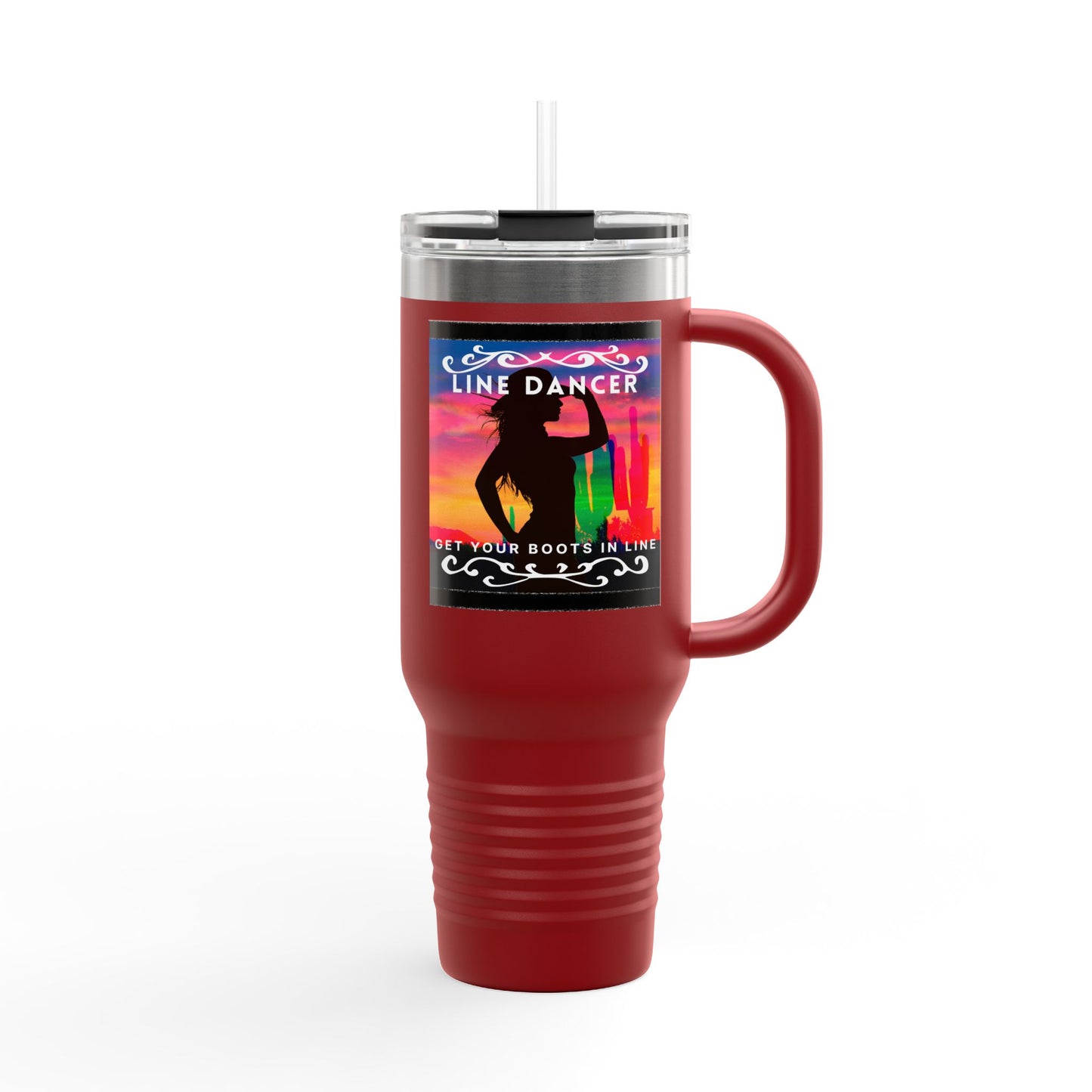 "Line Dancer, Get Your Boots In Line" 40oz Insulated Travel Mug – Cowgirl Dance-Themed Tumbler for Country Western Lovers