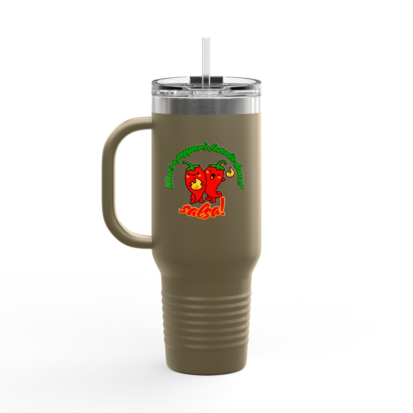 "What's a Pepper's Favorite Dance? Salsa." Funny Dance Quote 40oz Insulated Travel Mug – Bold Pepper Graphic Stainless Steel Tumbler