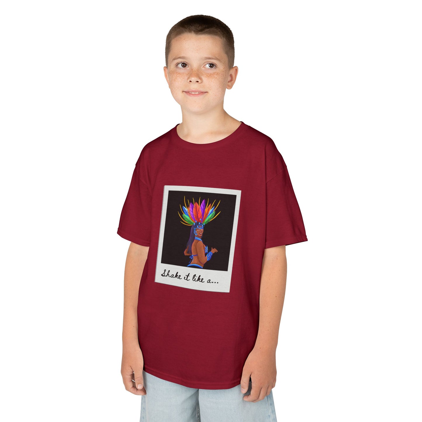 "Shake It Like a..." Youth Short Sleeve Tee – Carnival-Inspired Samba Dancer Graphic Dance Shirt for Kids