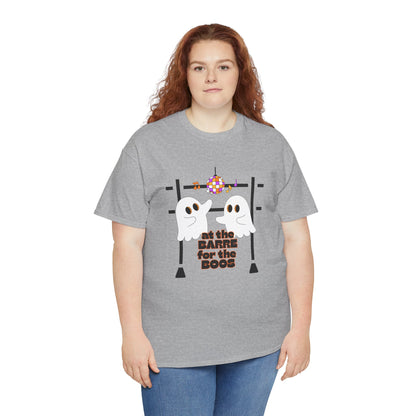 “At the Barre for the Boos” Dance Halloween T-Shirt with Cute Ghost Ballet Graphics - Unisex Heavy Cotton Tee