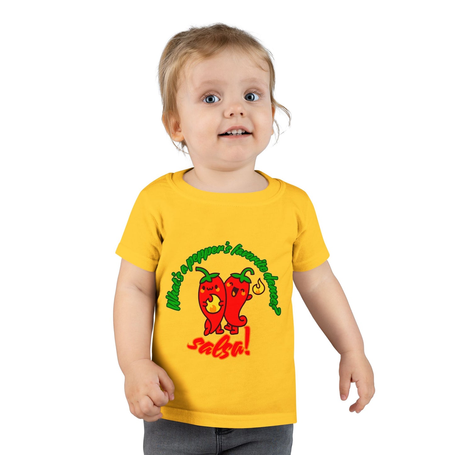 "What Is a Pepper's Favorite Dance? Salsa!" Toddler Dance T-Shirt – Cute Pepper Pun Graphic Short Sleeve Tee for Kids