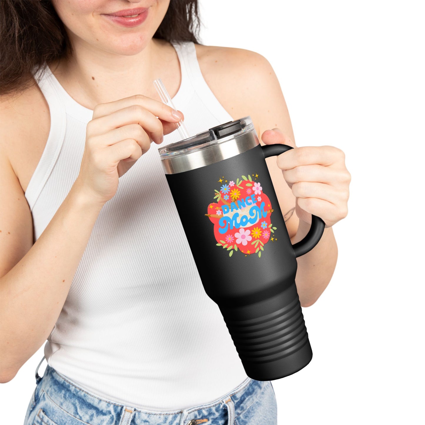 "Dance Mom" 40oz Insulated Travel Mug – Floral Graphic with Costume Designer, Makeup Artist, Chauffeur Text – Funny Dance Mom Gift Tumbler
