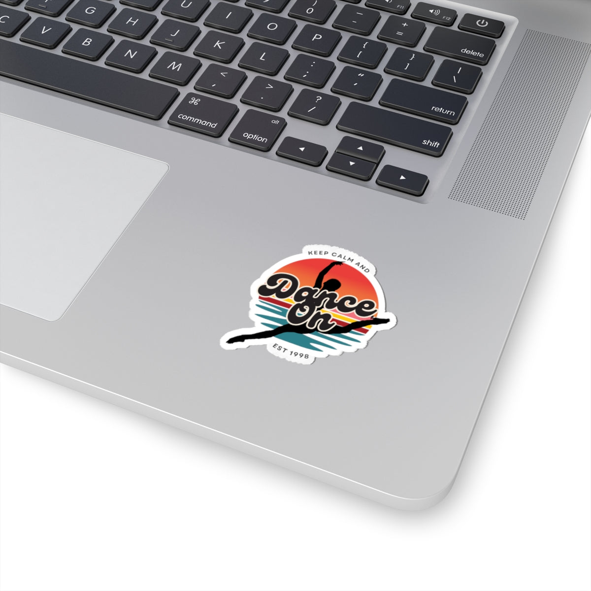 "Keep Calm and Dance On" Kiss-Cut Sticker – Retro Dancer Graphic – Motivational Dance-Themed Vinyl Sticker for Laptops, Journals & Water Bottles